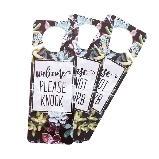 Juvale; 3 Pack Do Not Disturb Door Hanger Sign, Welcome Please Knock, Double Sided (Succulents); Category:Door Decorations; Image:1